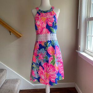 Tropical printed Lilly Pulitzer halter dress w lace detailing around the waist